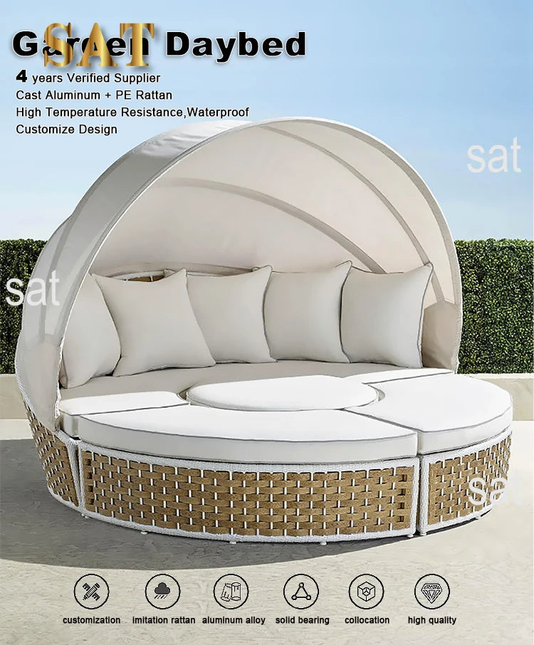 -Modern Day Bed Patio Furniture Hotel Deluxe Teak Rope Garden Sun Lounge Chair Round Aluminum Rattan Wicker Outdoor Day Bed