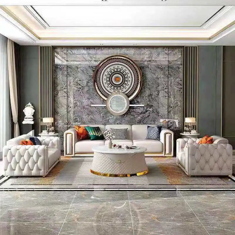 Italian light luxury sofa living room leather sofa first layer cowhide buckle design luxury combination sofa size apartment