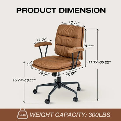 Modern Brown Office Chair，Mid-Back PU Leather Desk Chair with Comfy Arms and Lumbar Support for Small Spaces