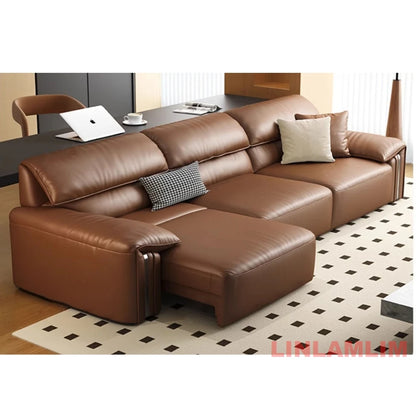 Modern Convertible Genuine Leather Sofa Bed – Multi-functional Electric Sleeper Couch with Adjustable Seats & Wide Chaise Lounge