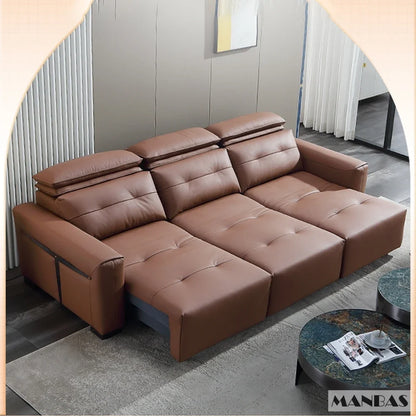 Genuine Leather Electric Convertible Sofa Bed with Adjustable Headrest, Multifunctional Folding Sofa Beds for Cinema Living Room