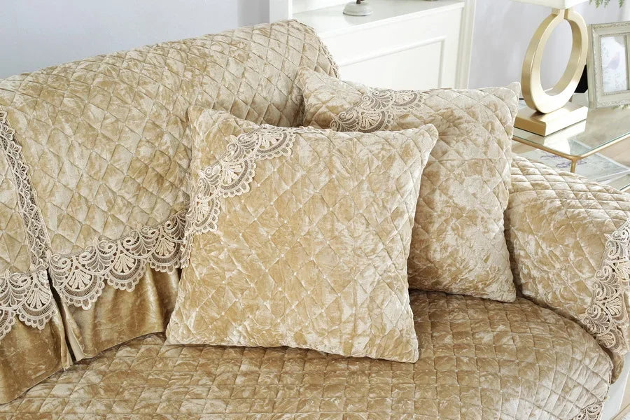 Embroidery Lace Sofa Cushion Gold Velvet Hemline Sofa Cover Autumn Winter European Couch Cover Solid Color Checkered Sofa Mat