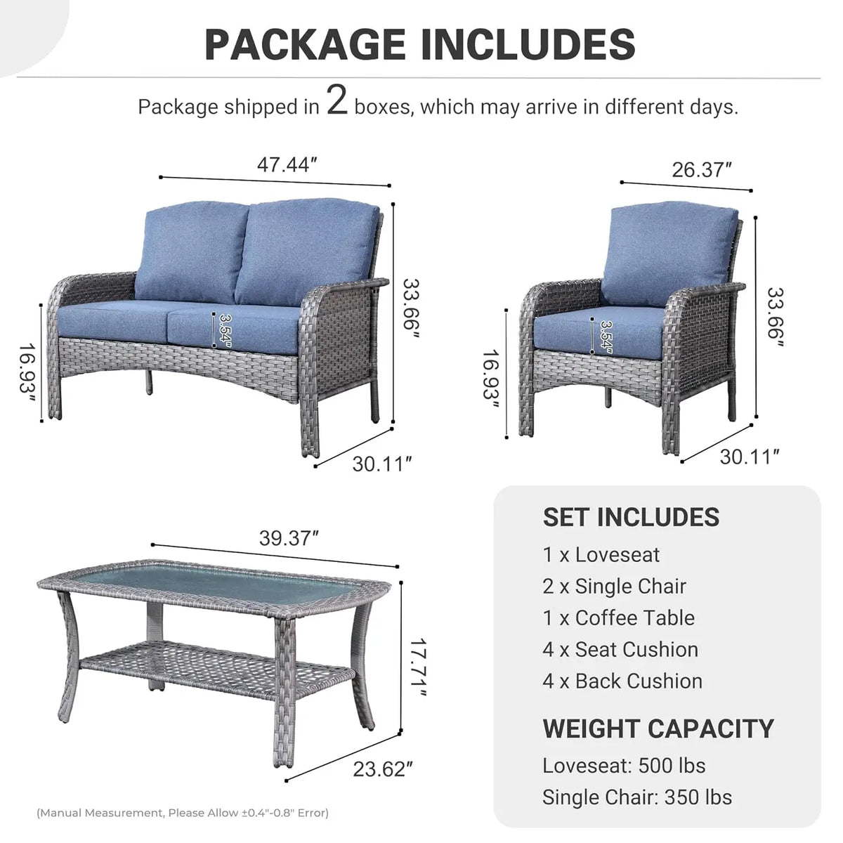 4-Piece Patio Furniture Set, Outdoor Wicker Sofa with Chairs Coffee Table, High Back Rattan Couch Loveseat with, Customized