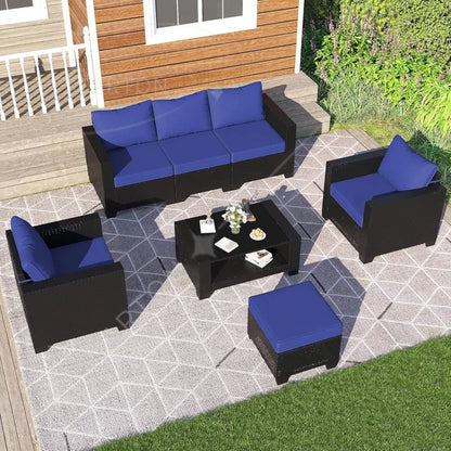 7-piece outdoor patio set, rattan chairs, glass table, wicker sectional for conversation seating