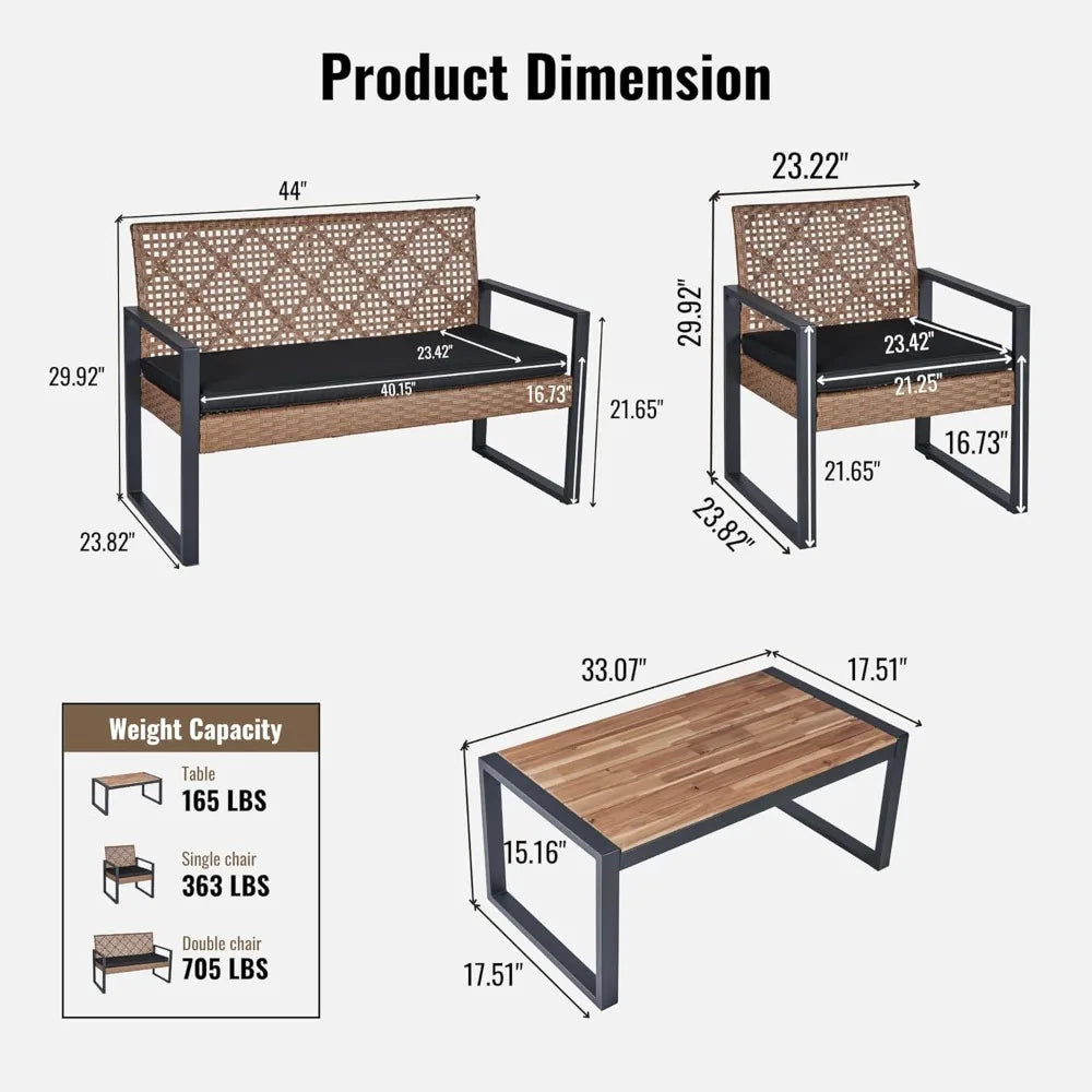 4 Pcs Patio Furniture Set, Outdoor Acacia Wood Table with 3 Chairs, All-Weather Garden Balcony Backyard Lawn Conversation Set