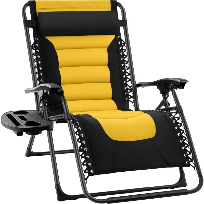 v Oversized Padded Zero Gravity Chair, Folding Outdoor Patio Recliner, XL Anti Gravity Lounger for Backyard w/Headrest, Cup Hold