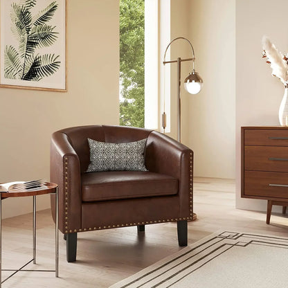 Modern Tub Club Chair Upholstered Armchair for Living Room Faux Leather Chair with Gold Nail Head Trim Black Legs