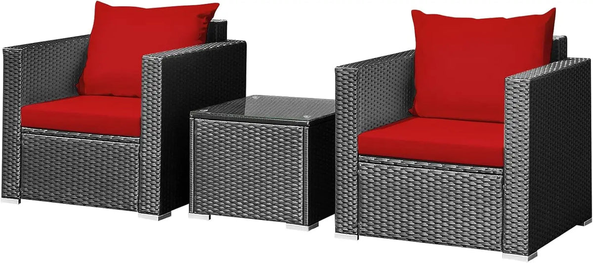 Three Piece Patio Set, Outdoor Rattan Sofa With Cushions, Tempered Glass Tabletop, Wicker Conversation Furniture