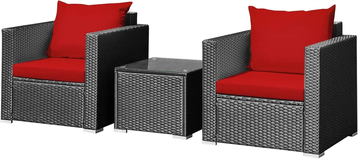 Three Piece Patio Set, Outdoor Rattan Sofa With Cushions, Tempered Glass Tabletop, Wicker Conversation Furniture