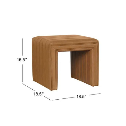 Footstool Ottoman, Channel Tuft Caramel Brown Faux Leather 19 Inch