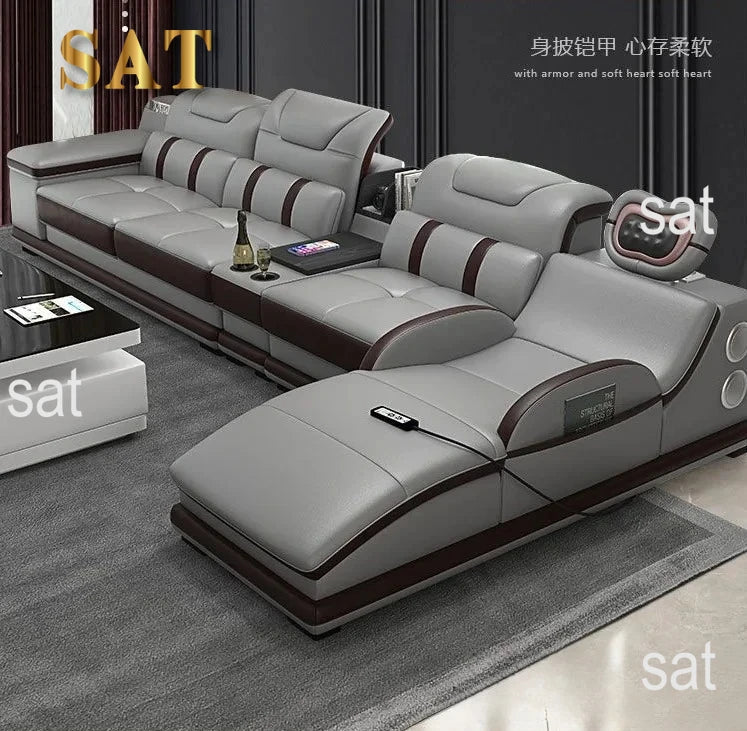for| Italian Genuine Leather Sectional Sofa with Bluetooth, Speaker, Functional Headrest, Massage Chaise | Big Corner Couch
