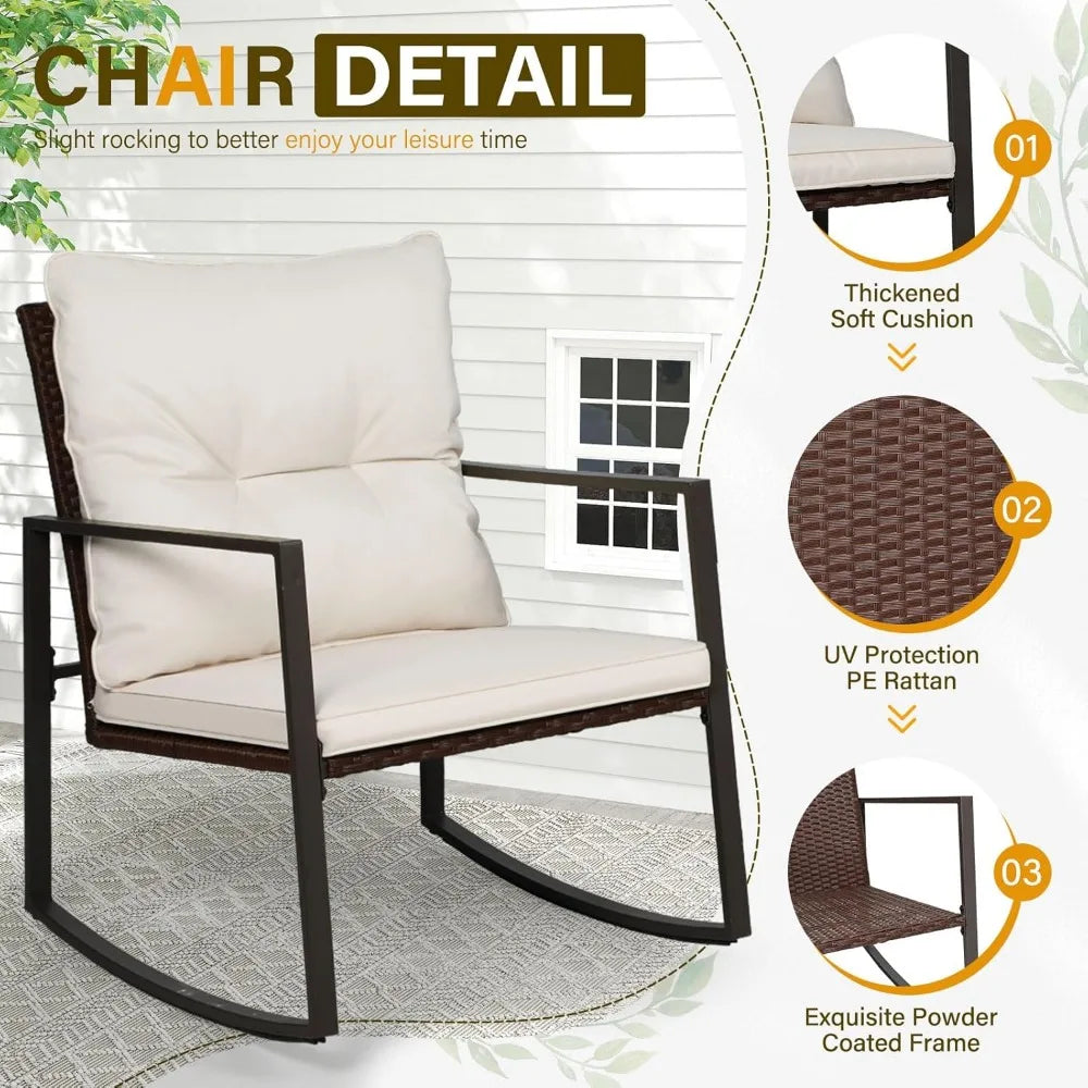 3-Piece Patio Bistro Set Outdoor Rocking Chairs Set Brown Wicker Porch Chairs with Glass Coffee Table, Beige Cushion