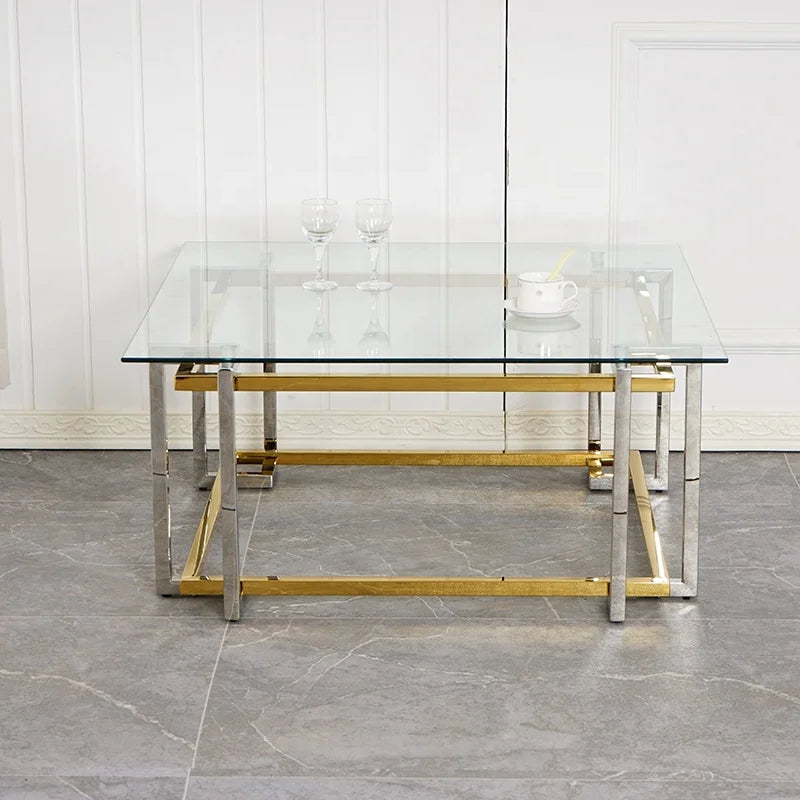Glass Coffee Table, Modern Glass Table, Gold Rectangular Center Table, Glass Top & Acrylic Legs 2-Tier Storage for Home Living O
