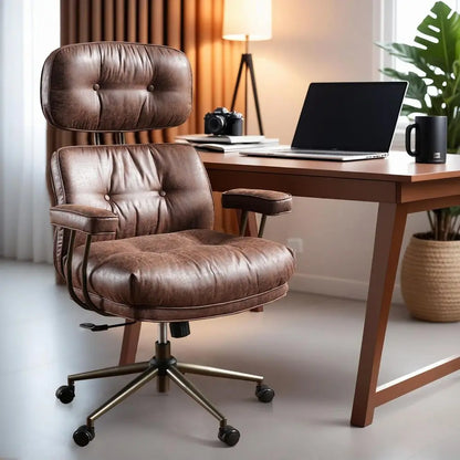 Ergonomic Century Modern Leather High-Back Swivel Chair with Plush Cushion (K Brown, Suede)