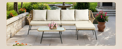4-Piece Outdoor Sectional Set, Wicker Patio Couch Sets and Glass Coffee Table, L-Shaped Waterproof Olefin Fabric Outdoor Sofa
