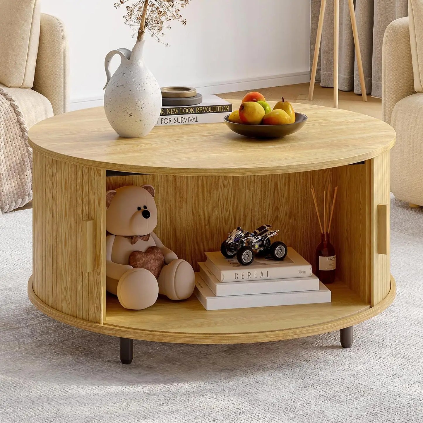 Round Coffee Table with Storage, 31.5" Modern Coffee Table with 360° Curved Sliding Door, Fluted Wood Accent Coffee Table with