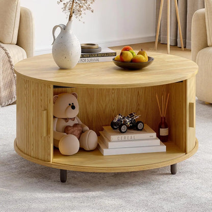 Round Coffee Table with Storage, 31.5" Modern Coffee Table with 360° Curved Sliding Door, Fluted Wood Accent Coffee Table with