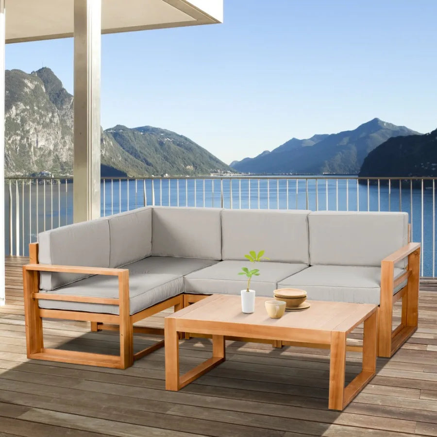 5 Seater L Shaped Patio Furniture Set Wood Outdoor Sectional Sofa Conversation Set with Coffee Table and Cushions for Garden G