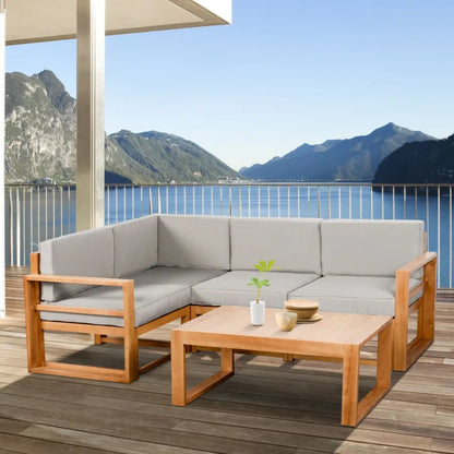 5 Seater L Shaped Patio Furniture Set Wood Outdoor Sectional Sofa Conversation Set with Coffee Table and Cushions for Garden G