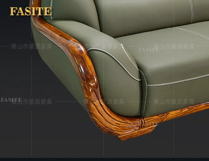 Ebony leather sofa first layer cowhide new Chinese high-end villa living room large apartment solid wood