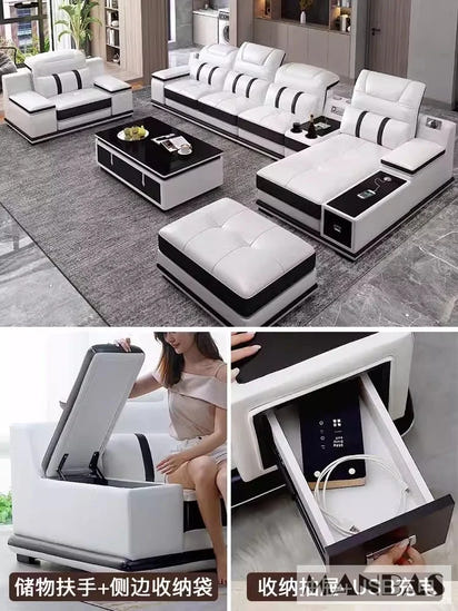 Modern Genuine Leather Sofa Living Room By MANBAS - Stylish Italian Couch with Bluetooth Speaker, USB & Adjustable Headrests