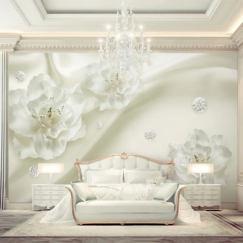 Photo Wallpaper European Style 3D Stereo Relief White Flowers Silk Wallpaper Hotel Living Room Interior Luxury Home Decor Murals