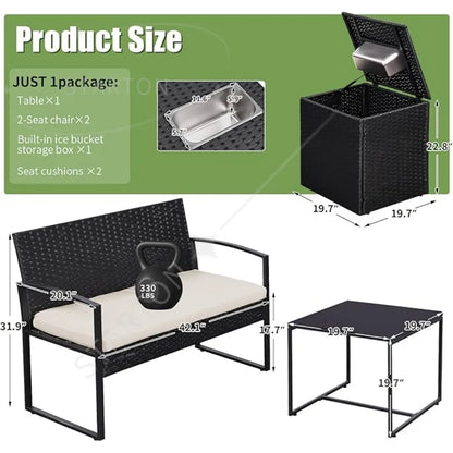 Outdoor Patio Furniture Set w/Built-in Beverage Cooler Storage Box & Coffee Table for Outside for Balcony