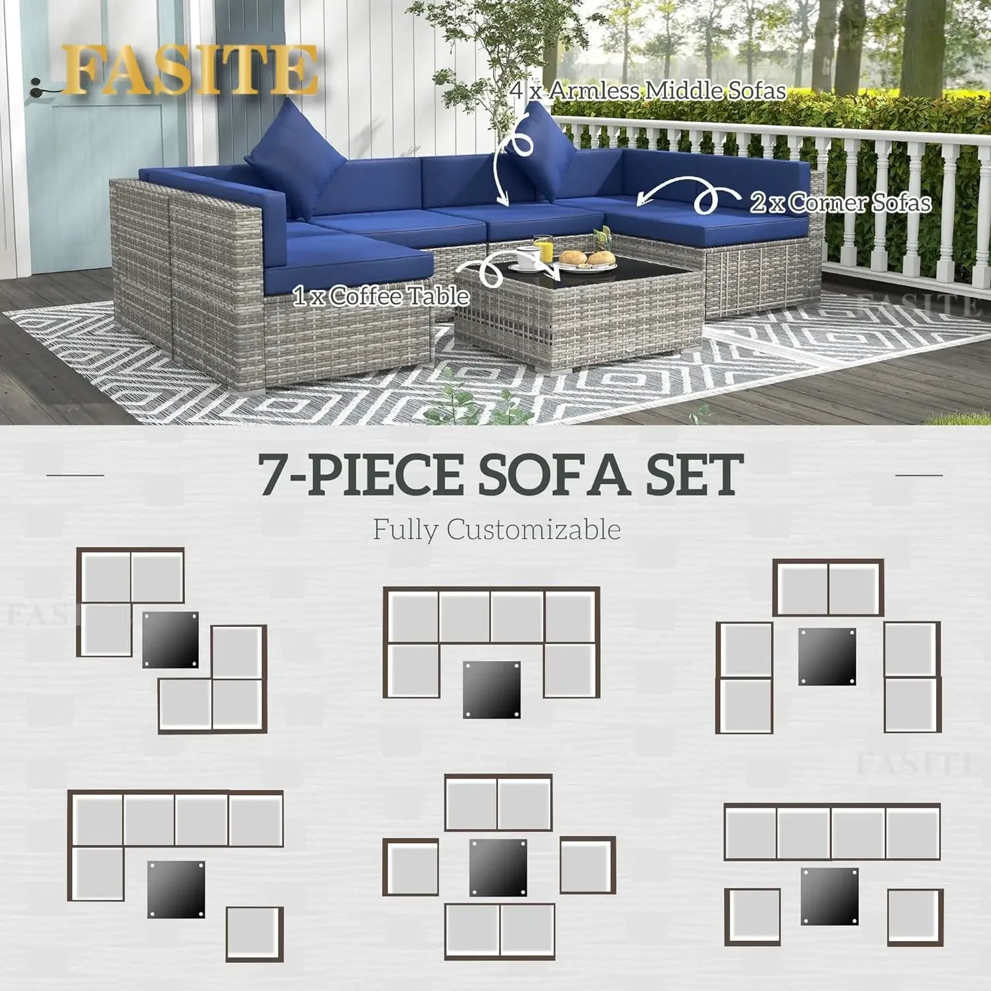 7-Piece Patio Furniture Set, Outdoor Wicker Conversation Set, All Weather PE Rattan Sectional Sofa Set with Glass Table, Pillows