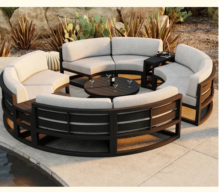 Outdoor Waterproof Sun Protection Garden Sofas Curved Outdoor Sofa Aluminum Alloy Courtyard Villa Reception Sofa Coffee Table L