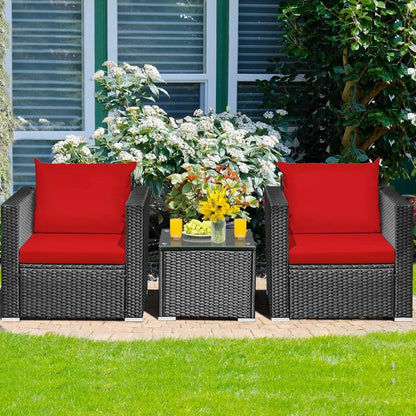 3 piece courtyard furniture rattan courtyard conversation set, with coffee table and cushion outdoor sofa set