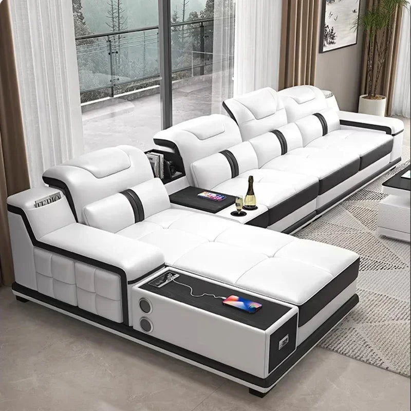 HS Luxury Italian Genuine Leather Sectional Sofa Set With Bluetooth Speaker And USB Ports Cow Leather Divano Living Room Furnitu