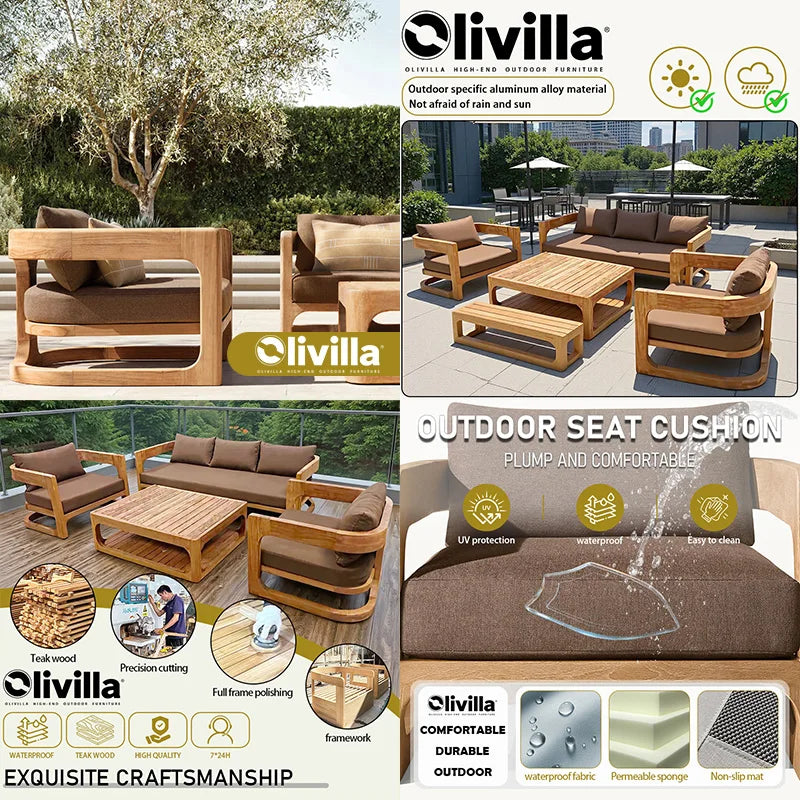 Leisure Open-air Courtyard Sofa Teak Villa Homestay Hotel Modern Outdoor Furniture Combination Waterproof Garden Wooden Sofa Set