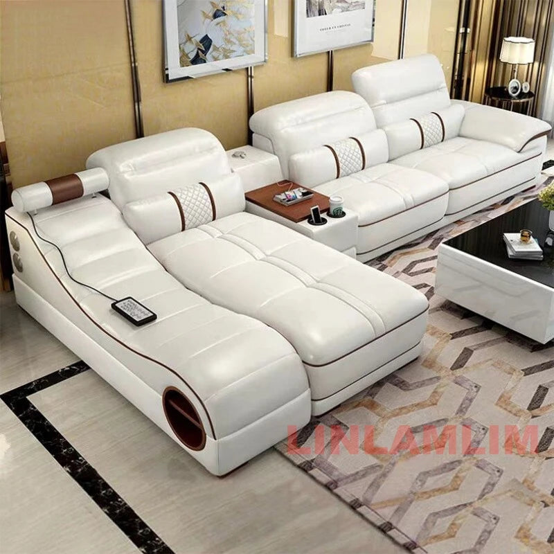 MINGDIBAO Modern Luxury Sectional Sofa Set with Chaise Lounge – Italian Genuine Leather Couch with Speakers, USB Port & Storage