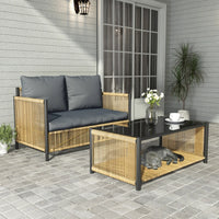 New Comming Outdoor PE Brown Wicker 2Seats Sofa With Grey Cushion And Table Set The Fabric Uses Polyester Material Black Brown