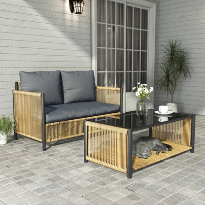 New Comming Outdoor PE Brown Wicker 2Seats Sofa With Grey Cushion And Table Set The Fabric Uses Polyester Material Black Brown