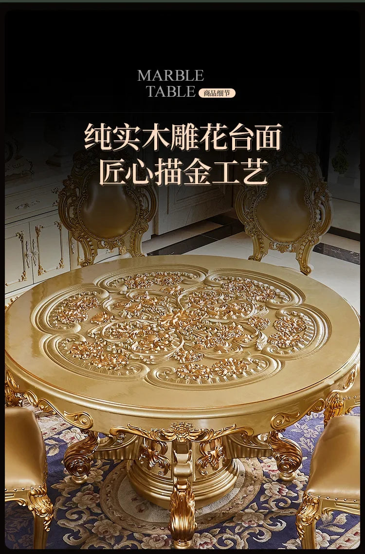 A07 European dining table and chair combination glass surface classical luxury solid wood carving flower round table with turnta