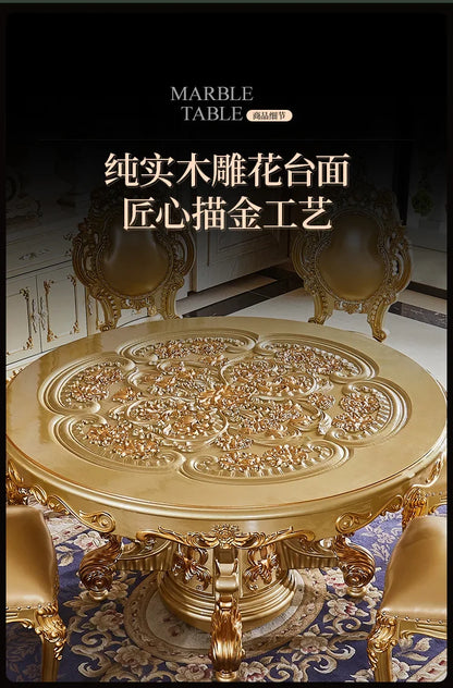A07 European dining table and chair combination glass surface classical luxury solid wood carving flower round table with turnta