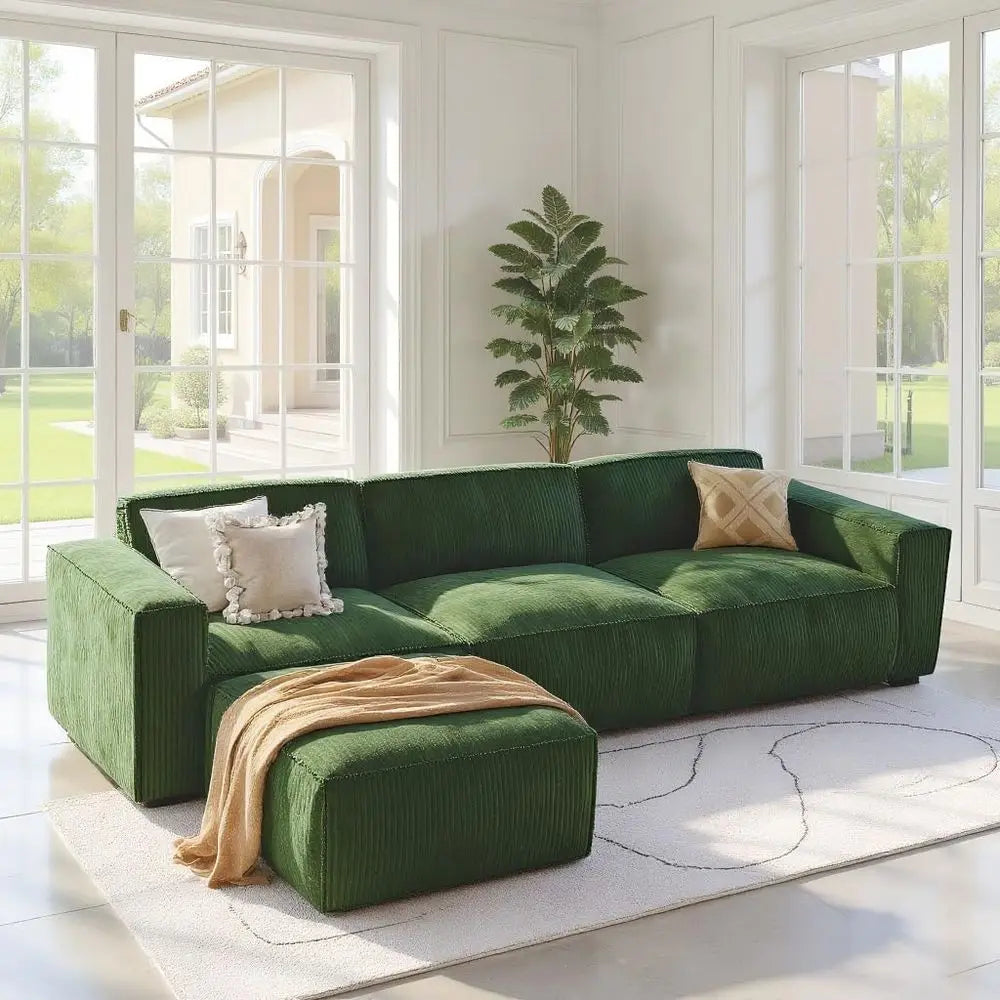 L-Shape Sectional Couch with Chaise & Ottoman, Deep Seat Sofa, Living Room/Bedroom, Ready to Use, Green Corduroy