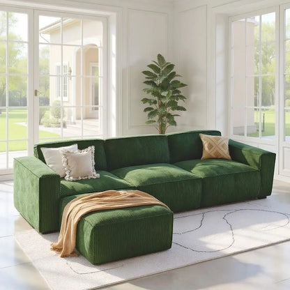L-Shape Sectional Couch with Chaise & Ottoman, Deep Seat Sofa, Living Room/Bedroom, Ready to Use, Green Corduroy