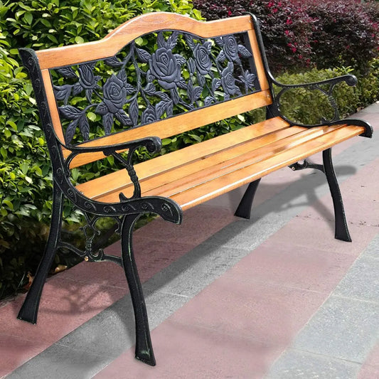 50 Cast Iron & Hardwood Patio Loveseat, Weather-Resistant Outdoor Bench for 2, Suitable for Porch and Garden