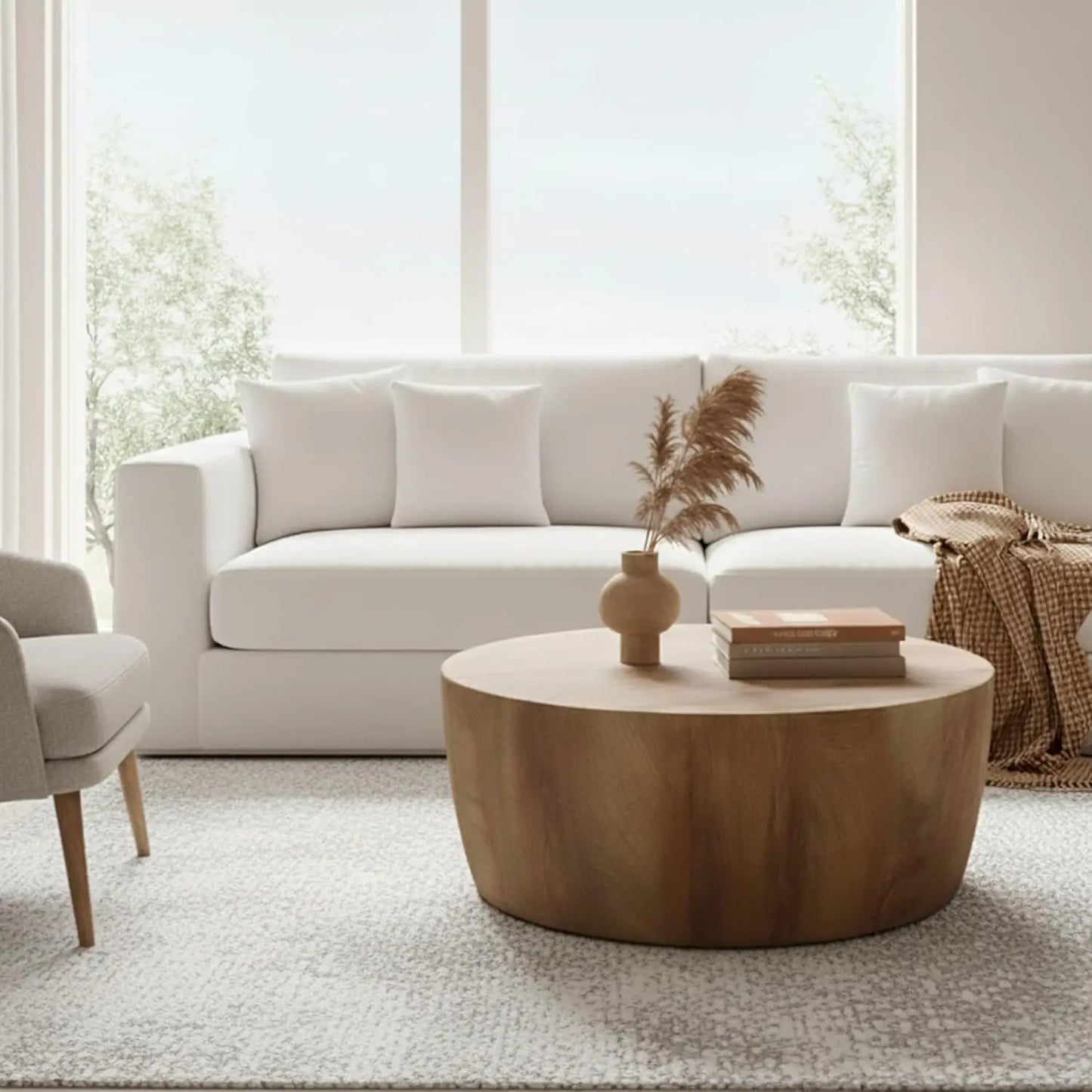 29.5" Round Coffee Table, Convertible Rustic Coffee Table Table with Wooden Veneer, Drum Coffee Table for Living, Customized