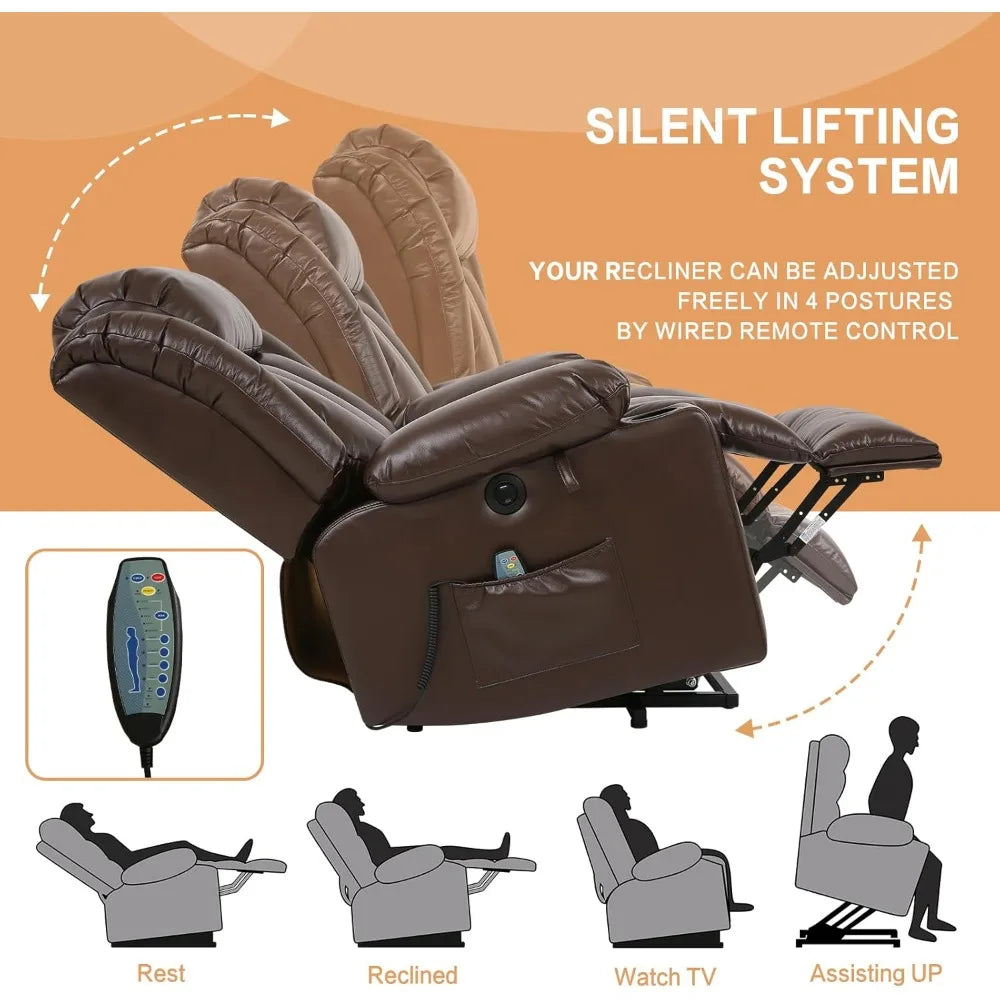 Power Lift Recliner Chair for Elderly Breathable Leather Recliner Chair with Massage and Heat for People Limited Mobility,2 Cup