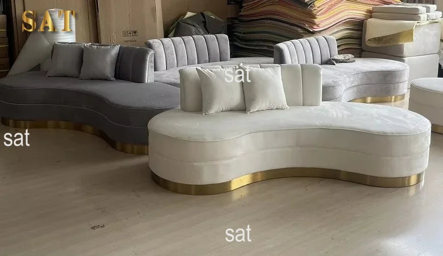 -Luxury Living Room Gold Stainless Steel Curved Sofa Velvet Upholstered Hotel Home Sofa