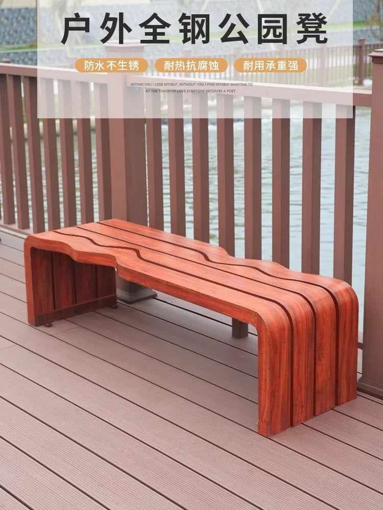 Banc d'extérieur de parc en fer forgé, chaise communautaire de loisirs, double banc carré d'extérieur, jardin en bois massif