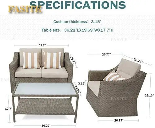 Outdoor Patio Furniture Conversation Set Rattan Wicker Chairs and Glass Top Table All-Weather and Thick Cushions