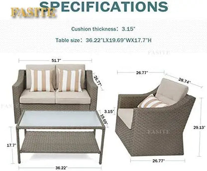 Outdoor Patio Furniture Conversation Set Rattan Wicker Chairs and Glass Top Table All-Weather and Thick Cushions
