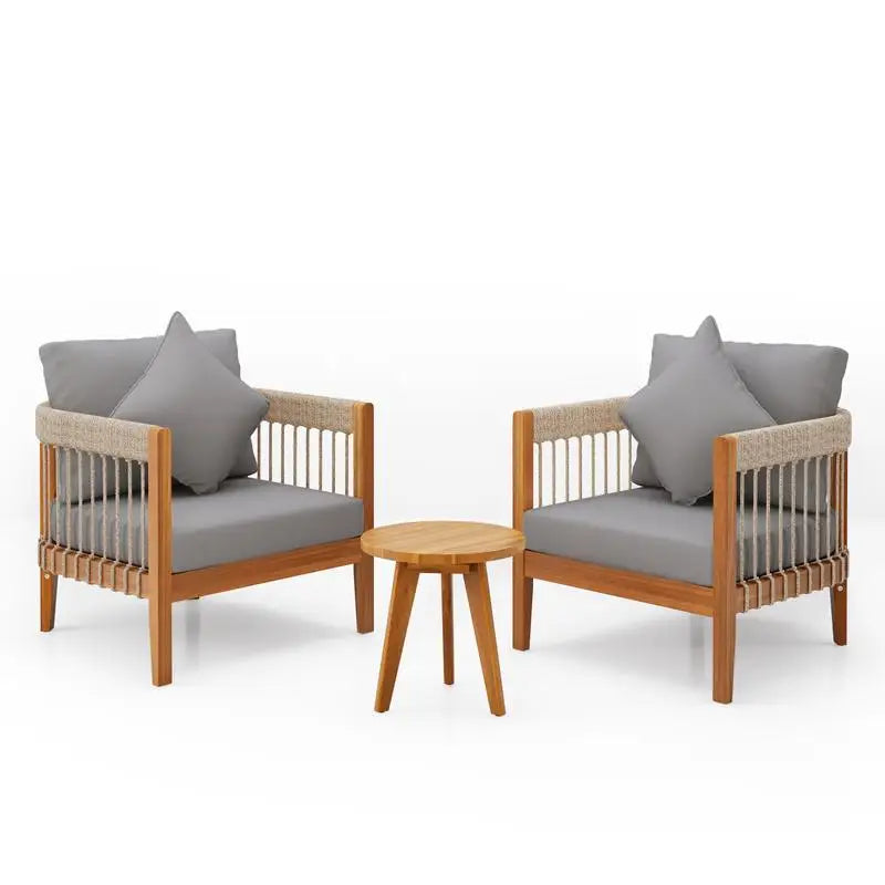 3-Pc Acacia Wood Outdoor Club Chair Set with Woven Rope Accents & Curved Backrest - Water-Resistant Boho Patio Lounger with