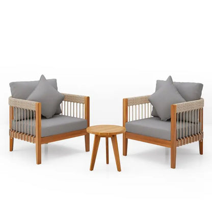 3-Pc Acacia Wood Outdoor Club Chair Set with Woven Rope Accents & Curved Backrest - Water-Resistant Boho Patio Lounger with