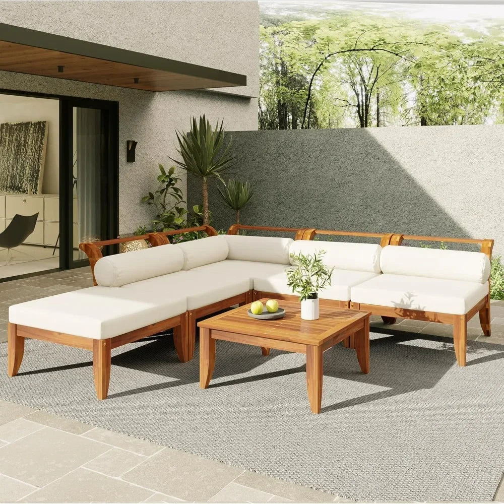 Outdoor L-Shaped Sectional Set with Coffee Table, 6-Piece Acacia Wood Patio Furniture for Backyard, Garden