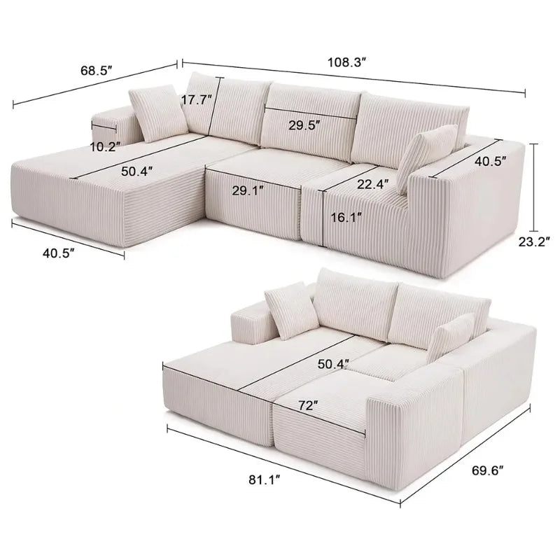 Cloud Corduroy 108 Modular Compression Combination Sofa with Deep Seat L-Shaped Chaise Lounge Living Room Bedroom Sofa
